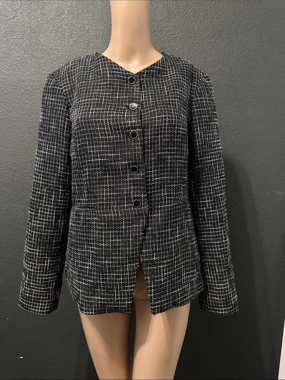 Joie Black & White Tweed Round-Neck Button Blazer